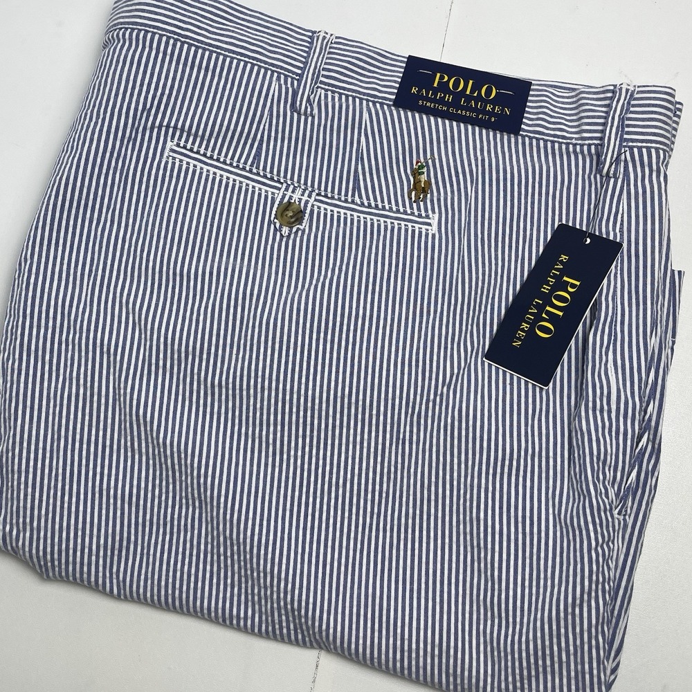 Polo Ralph Lauren Men's Big 54B Classic Fit Seersucker Shorts Blue White Stripe